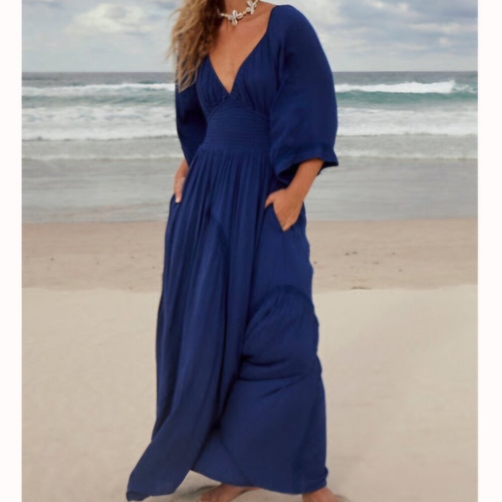 Free People Dixie Maxi Twilight Blue Smocked Waist Maxi Dress, Size XL Ex Large